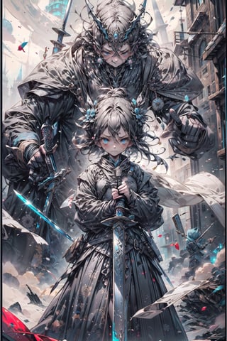 Medieval equipment,girl, knights,armed,Holding swords in one hand,serious (ensemble stars!),sad_face,shed tears,nuttiness,weapon,fantasy00d