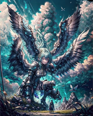 Medieval equipment,  left man and right woman, knights (ensemble stars!),armor, wings, sky,white armor, cloud, outdoors, angel wings, bird,blend, medium shot, bokeh,outdoors, open grassland, symmetrical composition, low-angle shooting, zoom in, the most beautiful image I have ever seen, wide angle , distant view, looking up, combat scene, action_pose