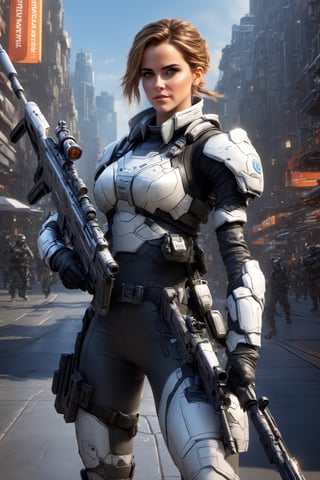 full body, expressive caricature in Pixar style, unreal, mischievous, (Beautiful Emma Watson, starcraft II Terran Ghost sniper, holding sniper rifle, wearing silver and white fluorescent armor), on the city street, dynamic pose, cartoon art, trending style on artstation, sharp focus, studio photography, intricate details, very detailed, by Greg Rutkowski, sharp focus, depth of field, unreal engine, perfect composition, digital art on Pixiv Fanbox, art station, 8k, hdr