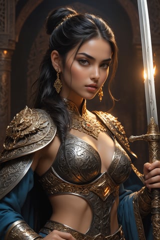 ((full body view.)), ((A pretty girl, 22yo, Middle East supermodel, beautiful face,)), ponytail long black hair, perfect body, ultra detailed, ultra Realistic fantasy,
An intricate scene of an ancient sword in pristine condition, with a vibrant, golden hilt and a set of intricate, ornate engravings. The blade is beautifully polished and the hilt and guard are intricately detailed, depicting intricate designs and fletches. The room is filled with the warm glow of the fire, casting a warm, magical glow on the scene. wide aperture, soft lighting, deep depth of field