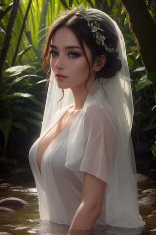  (masterpiece, RAW, 32K, UHD, hyper realistic, best quality), (masterpiece, top quality, best quality, official art, beautiful and aesthetic:1.2), hdr, high contrast, wideshot, Best quality, masterpiece, meticulous detail, realistic, 8k, hi-res, RAW photo, photorealistic, a mystical lady getting wet in the middle of rainforest, raining heavily, makeup washed away by the rain water,Veil