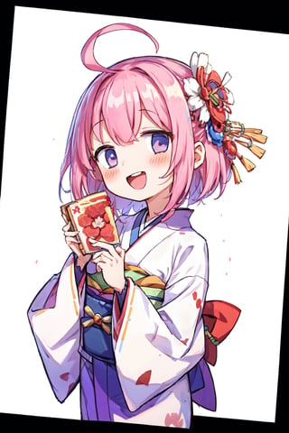 masterpiece, best quality, ultra-detailed, 1girl, :d, ahoge, bangs, pink flower, pink kimono, blush, braid, egasumi, flower, hair flower, hair ornament, hands up, japanese clothes, kimono, long sleeves, looking at viewer, obi, open mouth, pecorine, sash, sleeves past wrists, smile, solo, teeth, upper body, wide sleeves ,yui