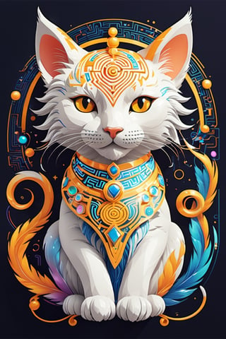 Produce a mascot in the form of a mythical cat, with a body composed of polished chrome and circuits, decorated with a maze of holographic creativity. Bright background, plain design, Chinese ink drawing, t-shirt design, pro vector