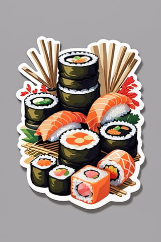 Draw unique stickers with a Japanese food theme that includes elements like sushi. Be sure to highlight the bright and contrasting colors often seen in the cuisine. Give your own artistic touch to make these stickers interesting and appetizing. Focus on small details like the decorations on the sushi or the texture on the ramen to give it an authentic feel.