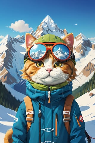 Ilustration,carton cat head, with ski goggles in which mountains are reflected,wearing a mountain jacket, withoud cat eye,Mario Real - SDXL 1.0,more detail XL,3d style,Leonardo Style