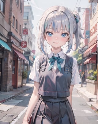 (best quality, 4k, 8k, highres, masterpiece:1.2), ultra-detailed, shading, glowy,highres,4k,extremely delicate and beautiful art,pastel color, 1girl, epic background, 1girl, solo, smile, ponytail, bangs, short hair, blue eyes, hair between eyes, hair ribbon, hairband, orange hair, green ribbon, BREAK skirt, shirt, bow, ribbon, school uniform, white shirt, short sleeves, pleated skirt, shoes, socks, collared shirt, miniskirt, bowtie, sweater vest, green ribbon, windy, best lighting, upper_body, ((arm behind back)), cowboy shot, outdoors, ASU1,gawr gura