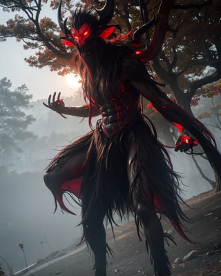 A dark demonic figure with red eyes emerges from a misty fog-shrouded forest at dusk. The camera frames it in a tight shot, with the creature's twisted horns and pointed ears filling the frame. Red-rimmed eyes glow like embers as it gazes directly into the lens. Dark, gnarled branches weave together above, casting long shadows on the misty ground.