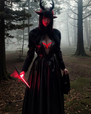 A dark demonic figure with red eyes emerges from a misty fog-shrouded forest at dusk. The camera frames it in a tight shot, with the creature's twisted horns and pointed ears filling the frame. Red-rimmed eyes glow like embers as it gazes directly into the lens. Dark, gnarled branches weave together above, casting long shadows on the misty ground.