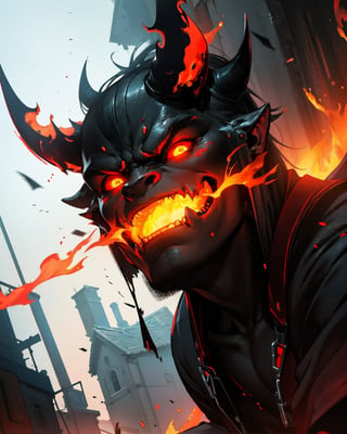 A haunting image of a dark demon with fiery red eyes emerges. Framed against a dark, ominous background, the demon's imposing figure dominates the scene. Its skin is a deep, coal-black hue, and its eyes blaze like embers from a furnace. The lighting is dim, with only faint hints of crimson illuminating the demon's features. In the foreground, a subtle hint of shadowy darkness implies the presence of an unseen force lurking just beyond the frame.