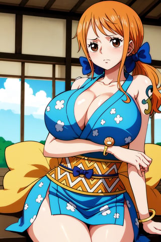 masterpiece, best quality, highres, nami (one piece), long hair, orange hair, low ponytail, hair bow, blue bow, brown eyes, collarbone, cleavage, short kimono, blue kimono, sleeveless, bare arms, bracelet, sash, obi, , crossed arms, frown,nami (one piece),huge_boobs,sitting,anime face,gigantic_breasts,boobs bigger than head