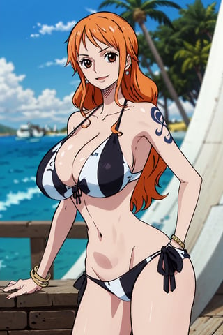 masterpiece, best quality, (detailed eyes, detailed background), absurdres, highres, ultra detailed, masterpiece, best quality, brown eyes,  palm tree, vegetaion, beach, seaside, pirate ship, smile, side-tie_bikini,huge breasts, cute