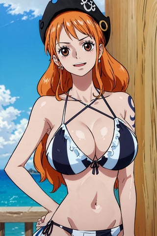 masterpiece, best quality, (detailed eyes, detailed background), absurdres, highres, ultra detailed, masterpiece, best quality, brown eyes,  palm tree, vegetaion, beach, seaside, pirate ship, smile, side-tie_bikini,huge breasts, cute