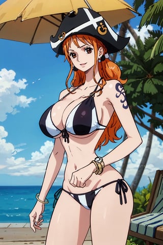 masterpiece, best quality, (detailed eyes, detailed background), absurdres, highres, ultra detailed, masterpiece, best quality, brown eyes,  palm tree, vegetaion, beach, seaside, pirate ship, smile, side-tie_bikini,huge breasts, cute