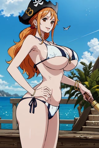 masterpiece, best quality, (detailed eyes, detailed background), absurdres, highres, ultra detailed, masterpiece, best quality, brown eyes,  palm tree, vegetaion, beach, seaside, pirate ship, smile, side-tie_bikini,huge breasts, cute,huge ass,thick thighs 