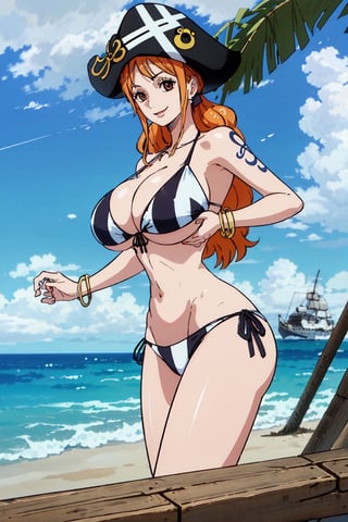 masterpiece, best quality, (detailed eyes, detailed background), absurdres, highres, ultra detailed, masterpiece, best quality, brown eyes,  palm tree, vegetaion, beach, seaside, pirate ship, smile, side-tie_bikini,huge breasts 