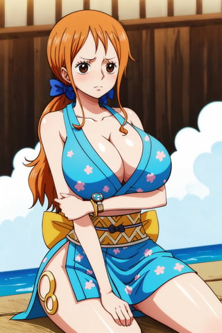 masterpiece, best quality, highres, nami (one piece), long hair, orange hair, low ponytail, hair bow, blue bow, brown eyes, collarbone, cleavage, short kimono, blue kimono, sleeveless, bare arms, bracelet, sash, obi, , crossed arms, frown,nami (one piece),huge_boobs,sitting,anime face,gigantic_breasts 