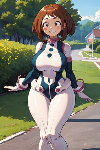 masterpiece, best quality, highres, hmochako, blush stickers, short hair,huge breasts, superhero, bodysuit, , standing, outdoors, smile, ,hmochako,huge ass ,thick thighs, front body,medium breasts