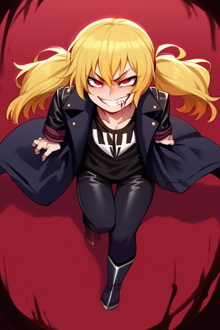 score_9, score_8_up, score_7_up, score_6_up, score_5_up, score_4_up, Loli, 1girl, solo, red eyes, shining scarlet eyes, red eyes, golden hair, two ponytails, long hair, evil smile, getsugao, bared teeth, clenched teeth, yellow hair, black T-shirt, black leather coat, open coat, military coat, black boots, black pants, Naruko Uzumaki, blood background, shadow background,

Musouduki,jlullaby