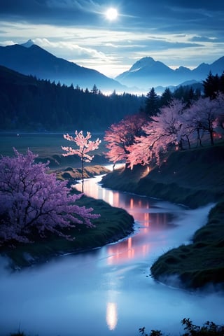 (ultra high res:1.4), (masterpiece), (beautiful lighting:1.4) , lush greenery and mountains, japanese buildings, thick fog in the valley, cherry trees blossoming, Bright sunlight illuminates the crystal-clear water, anime, beautiful sky with clouds, depth, chinese dragon flying,