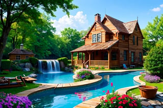 The wooden house by the pool under the small waterfall, the big waterwheel next to the wooden house, the faint rainbow and flowers by the water, medieval European style, sunny summer, realistic style, peak art, aesthetic, hyper detailed, super intricate, vibrant colors, vivid color,