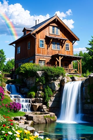 The wooden house by the pool under the small waterfall, the big waterwheel next to the wooden house, the faint rainbow and flowers by the water, medieval European style, sunny summer, realistic style, peak art, aesthetic, hyper detailed, super intricate, vibrant colors, vivid color,