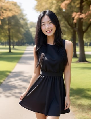 A photograph of a beautiful woman of Asian origin with long straight black hair and thick lips with a happy expression on her face, wearing a basic black dress and a white skin tone and dark brown eyes, background of the image in a park.
