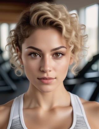 photograph of a beautiful woman of Pakistani origin with white skin tone and light brown eyes with short curly blonde hair wearing gym clothes, close up of her face, extremely realistic details of the woman, background of the image in a gym.
