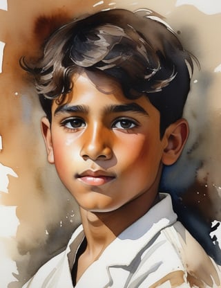 Create a mesmerizing watercolor splash artwork on canvas featuring a 15-year-old Arab boy. His skin tone is pale, eyes a rich chestnut brown, and his short, wavy hair adds character. Capture a close-up of his face with utmost intricacy and superior quality, ensuring the details are extreme. Incorporate the emotive style reminiscent of John Singer Sargent, the vibrant dynamism of Winslow Homer, and the soulful expressiveness found in the works of Z.L. Feng.

