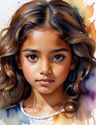 Create a mesmerizing watercolor artwork portraying a 12-year-old Mexican girl with caramel skin and straight, loosely curled hair. The focus is on a close-up of her face. Utilize the delicate strokes of watercolor to intricately capture every nuance. Craft a superior watercolor art piece that vividly showcases the unique features of her appearance.

