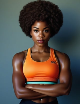 Create a realistic depiction of a beautiful African woman with short, curly hair and a dark black skin tone, wearing gym attire. The background should be set in a gym environment, providing a realistic context. Ensure a (((top-notch quality))) portrayal, paying meticulous attention to (((intricate details))) such as the texture of her short, curly hair, the depth of her facial features, and the natural tones of her dark black skin. Utilize a color palette that complements the vibrant and energetic atmosphere of a gym. Consider referencing the works of portrait artists known for their realistic and expressive portrayals, such as Kehinde Wiley, Amy Sherald, and Barkley L. Hendricks, for inspiration in capturing the beauty and character of this African woman.

