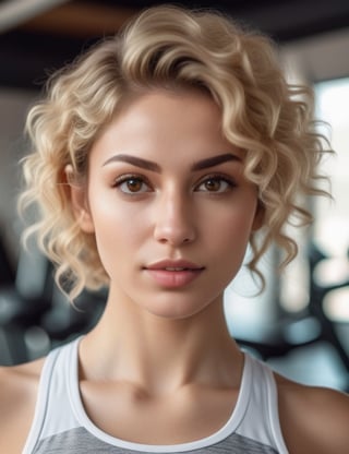 photograph of a beautiful woman of Pakistani origin with white skin tone and light brown eyes with short curly blonde hair wearing gym clothes, close up of her face, extremely realistic details of the woman, background of the image in a gym.
,photorealistic