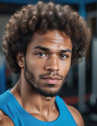 photograph of a man of African origin with thick lips and curly hair typical of Africa with light eyes wearing a blue t-shirt, background of the image in a gym, close-up of his face, muscular body.
