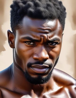 "Create a painting-style image of a muscular African man with a typical African hairstyle, wearing a white brief. The image should be rendered in a watercolor style and should feature an extreme close-up of the man's face and upper body. The resolution should be 4k and the details should be extremely realistic, including the texture of the man's skin, his hair, and the fabric of the brief. The background should be blurred, with a shallow depth of field, to emphasize the man's physique and facial expression. The overall mood of the image should be one of strength and confidence."

