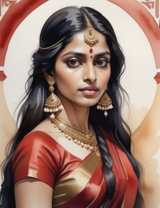 "Create a mesmerizing 4K watercolor painting capturing the exquisite beauty of an Indian woman. Focus on intricate details, portraying her caramelo skin tone, long straight black hair, and a radiant red dress. The composition should be a frontal, close-up view of her face. Ensure the final artwork reflects the level of detail seen in works by artists like John Singer Sargent, Agnes Cecile, and Raja Ravi Varma."

