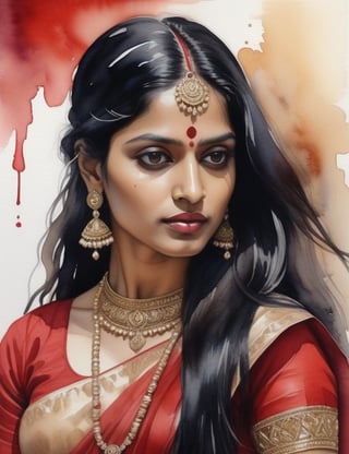 "Create a mesmerizing 4K watercolor painting capturing the exquisite beauty of an Indian woman. Focus on intricate details, portraying her caramelo skin tone, long straight black hair, and a radiant red dress. The composition should be a frontal, close-up view of her face. Ensure the final artwork reflects the level of detail seen in works by artists like John Singer Sargent, Agnes Cecile, and Raja Ravi Varma."

