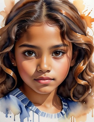 Create a mesmerizing watercolor artwork portraying a 12-year-old Mexican girl with caramel skin and straight, loosely curled hair. The focus is on a close-up of her face. Utilize the delicate strokes of watercolor to intricately capture every nuance. Craft a superior watercolor art piece that vividly showcases the unique features of her appearance.

