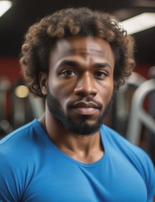 photograph of a man of African origin with thick lips and curly hair typical of Africa with light eyes wearing a blue t-shirt, background of the image in a gym, close-up of his face, muscular body.
,realism