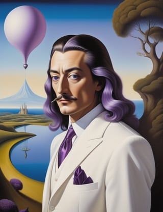 "Craft a surrealistic masterpiece portraying a 30-year-old American man. Envision his fair complexion, long straight hair with purple tips, and the dazzling white suit he wears. Create a close-up of his face with dreamlike details. Draw inspiration from surrealists like Salvador Dalí, René Magritte, and Leonora Carrington, renowned for their ability to transport viewers into fantastical realms through imaginative and dreamy art."

