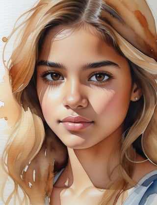 Create a detailed watercolor painting capturing the essence of a 17-year-old Spanish girl. Emphasize her caramel skin tone, short, straight, blonde hair, and focus on a close-up of her face.

