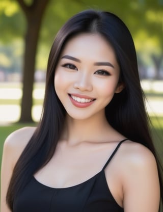 A photograph of a beautiful woman of Asian origin with long straight black hair and thick lips with a happy expression on her face, wearing a basic black dress and a white skin tone and dark brown eyes, background of the image in a park.
