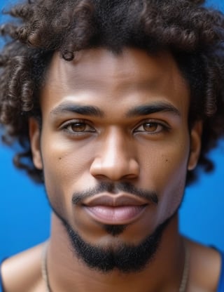 photograph of a man of African origin with thick lips and curly hair typical of Africa with light eyes wearing a blue t-shirt, background of the image in a gym, close-up of his face, muscular body.
,realism