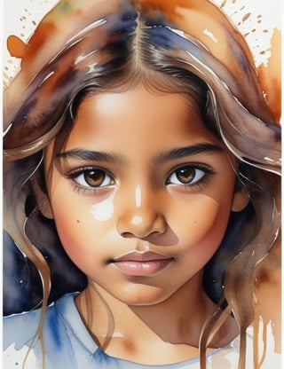 Create a mesmerizing watercolor artwork portraying a 12-year-old Mexican girl with caramel skin and straight, loosely curled hair. The focus is on a close-up of her face. Utilize the delicate strokes of watercolor to intricately capture every nuance. Craft a superior watercolor art piece that vividly showcases the unique features of her appearance.

