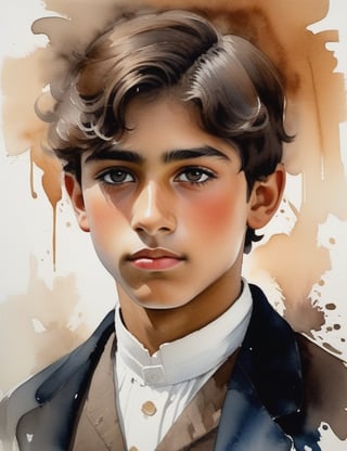 Create a mesmerizing watercolor splash artwork on canvas featuring a 15-year-old Arab boy. His skin tone is pale, eyes a rich chestnut brown, and his short, wavy hair adds character. Capture a close-up of his face with utmost intricacy and superior quality, ensuring the details are extreme. Incorporate the emotive style reminiscent of John Singer Sargent, the vibrant dynamism of Winslow Homer, and the soulful expressiveness found in the works of Z.L. Feng.

