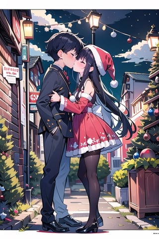 (masterpiece), scenery, night, half body, 1girl, blue eyes, christmas red dress, black hair, long hair, bangs,  smile, blush, hat flower, closed mouth, frills, long sleeves, sole_male, close eyes, black suit, cloud, standing, bare shoulders, colored inner hair, detached sleeves, lamppost, bow, hat bow, multicolored hair, Christmas, SantaLap, High detailed, properkissing, Standing Kiss