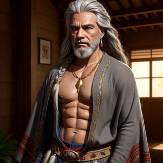 masterpiece, best quality, 1male. 50 years old, long grey hair and beard, Taino, wearing native american clothes and jewelry, extremely detailed CG unity 8K wallpaper