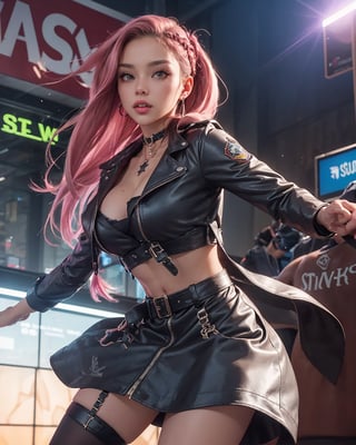 beautiful latino lilianmorningstar, latex choker, leather trenchcoat, croptop , confident, pink star earrings, cinematic lightning, action pose, lens flare, hair braids, stockings, subway
