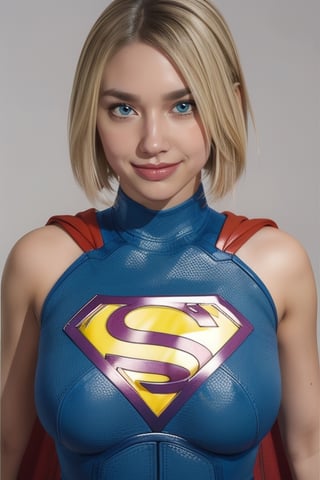 supergirl,kara,agawa,vibrant colors,warm palette,expressive,solid shading, kind look, sexy, blond_hair, whole body, smilling, looking_at_viewer, fully_clothed, fully_dressed, short hair, big cleavage