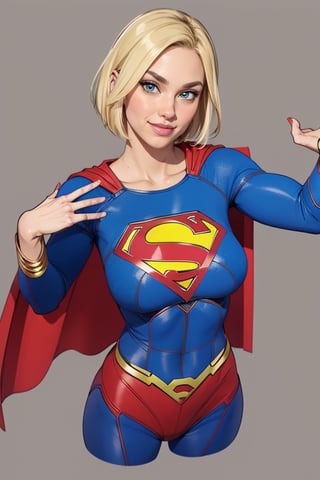 supergirl,kara,agawa,vibrant colors,warm palette,expressive,solid shading, kind look, sexy, blond_hair, whole body, smilling, looking_at_viewer, fully_clothed, fully_dressed, short hair