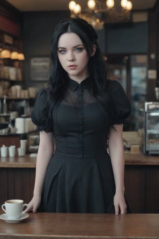 A young woman, 18 years old, Emy Lee (lead singer of Evanescence) black hair, blue eyes, sarcastic look expression, white skin, is wearing gothic style dress, she is in an American coffee shop, (Better quality) (realistic) (detailed) (cinematic) (full body shot) 8k, 1080p