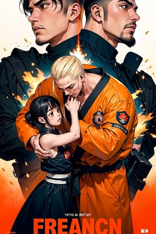 Little boys and girls praying for peace and safe,  japan firefighters and self-defence force working hard, cinematic poster style, orange and blue contrast background, boichi manga style